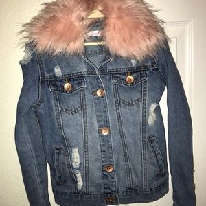 Girl’s Size 7 Destroyed Jean Jacket With Pink Fur